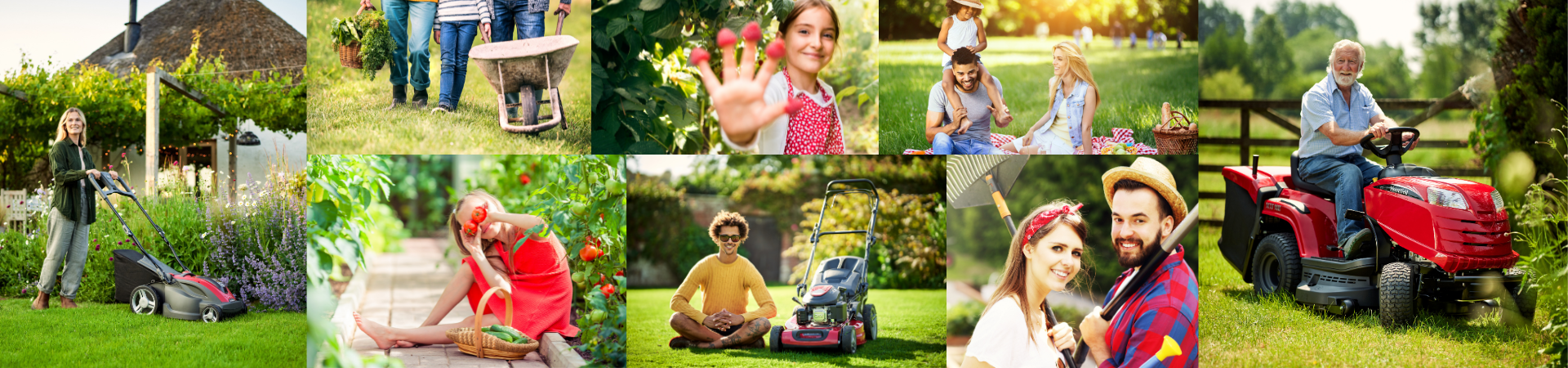 Montage of images people happy in the garden and Mountfield lawnmowers