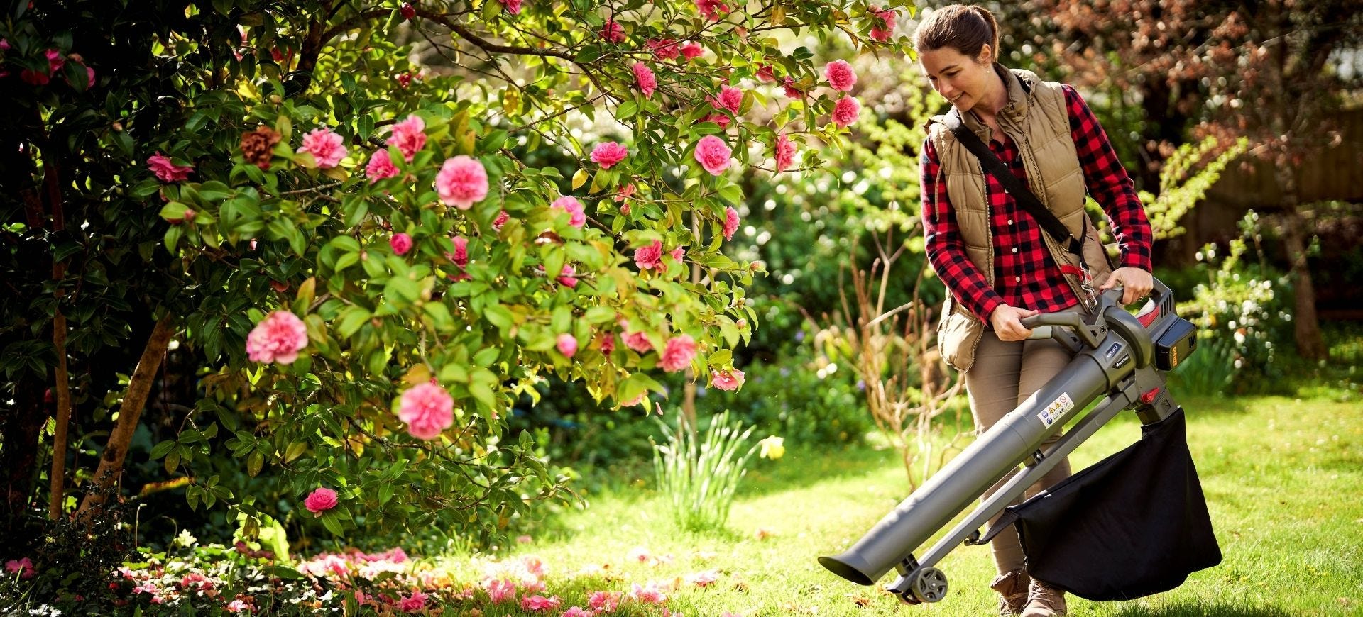 Mountfield mother with cordless lawn mower in garden