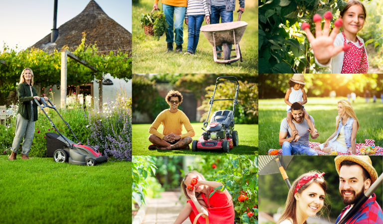 Montage of images people happy in the garden and Mountfield lawnmowers