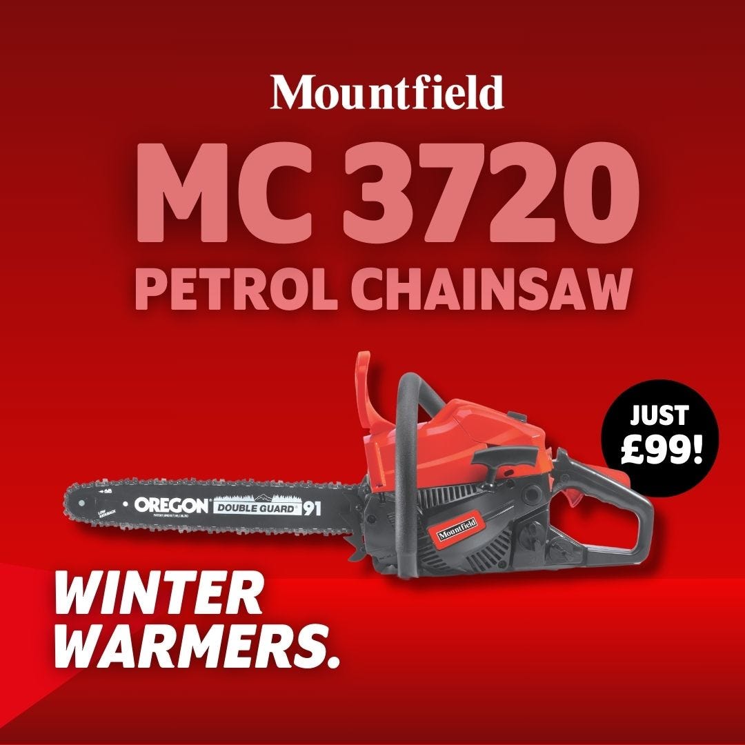 red banner with sparkler and mountfield chainsaw showing price of just 99 pounds